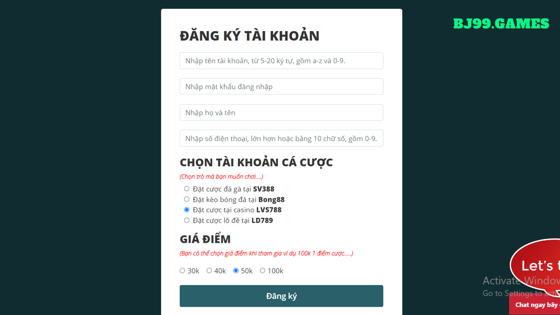 BJ98| ĐĂNG KÝ TÀI KHOẢN 